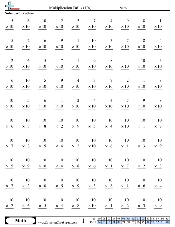 Multiplication Worksheets - 10s worksheet